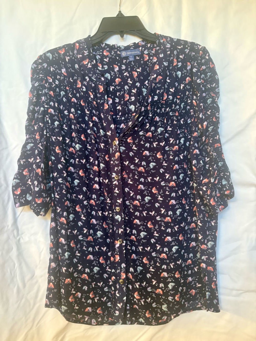 Democracy Navy Floral Button-Front Blouse with Coral & Light Blue Accents